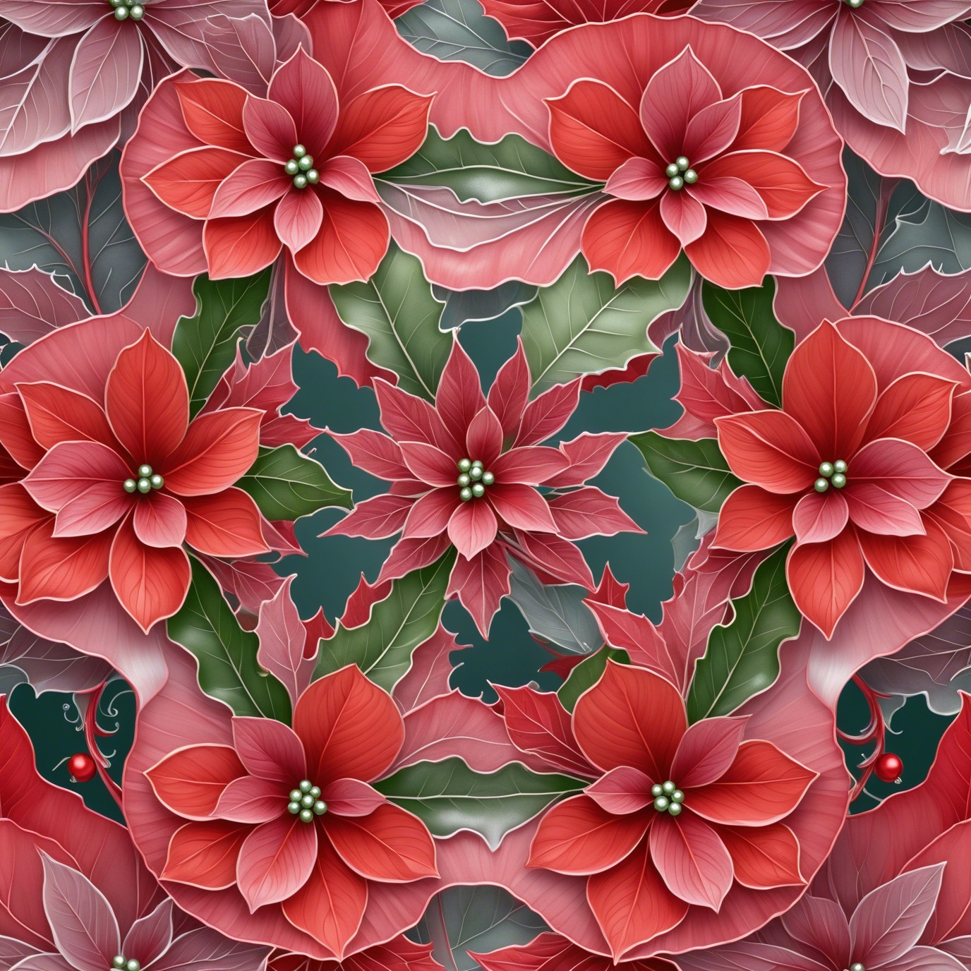 Poinsettia Flower Pattern in Red and Green on Teal