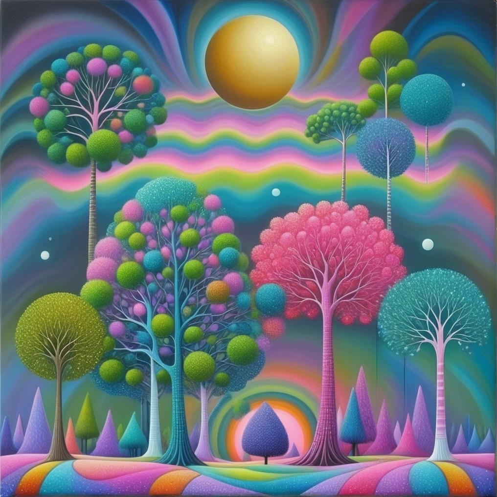 Surreal Landscape with Colorful Trees and Sun