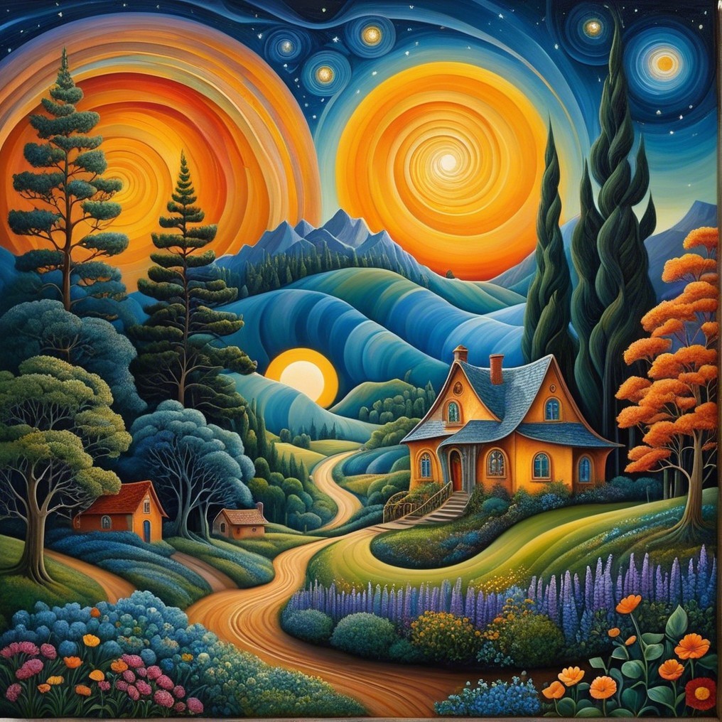 Vibrant Landscape with Cottage and Colorful Suns
