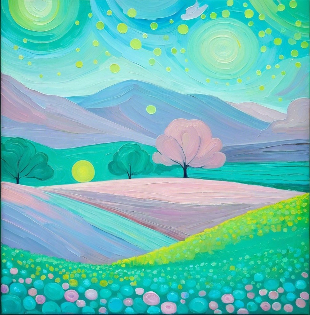 Vibrant landscape with rolling hills and dreamlike sky