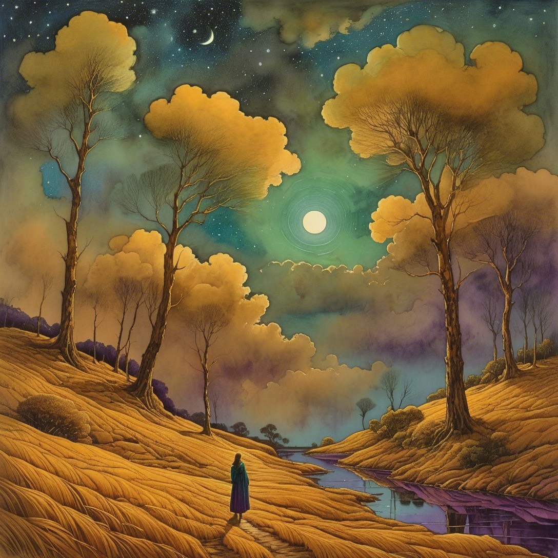 Twilight Landscape with Golden Trees and Riverbank