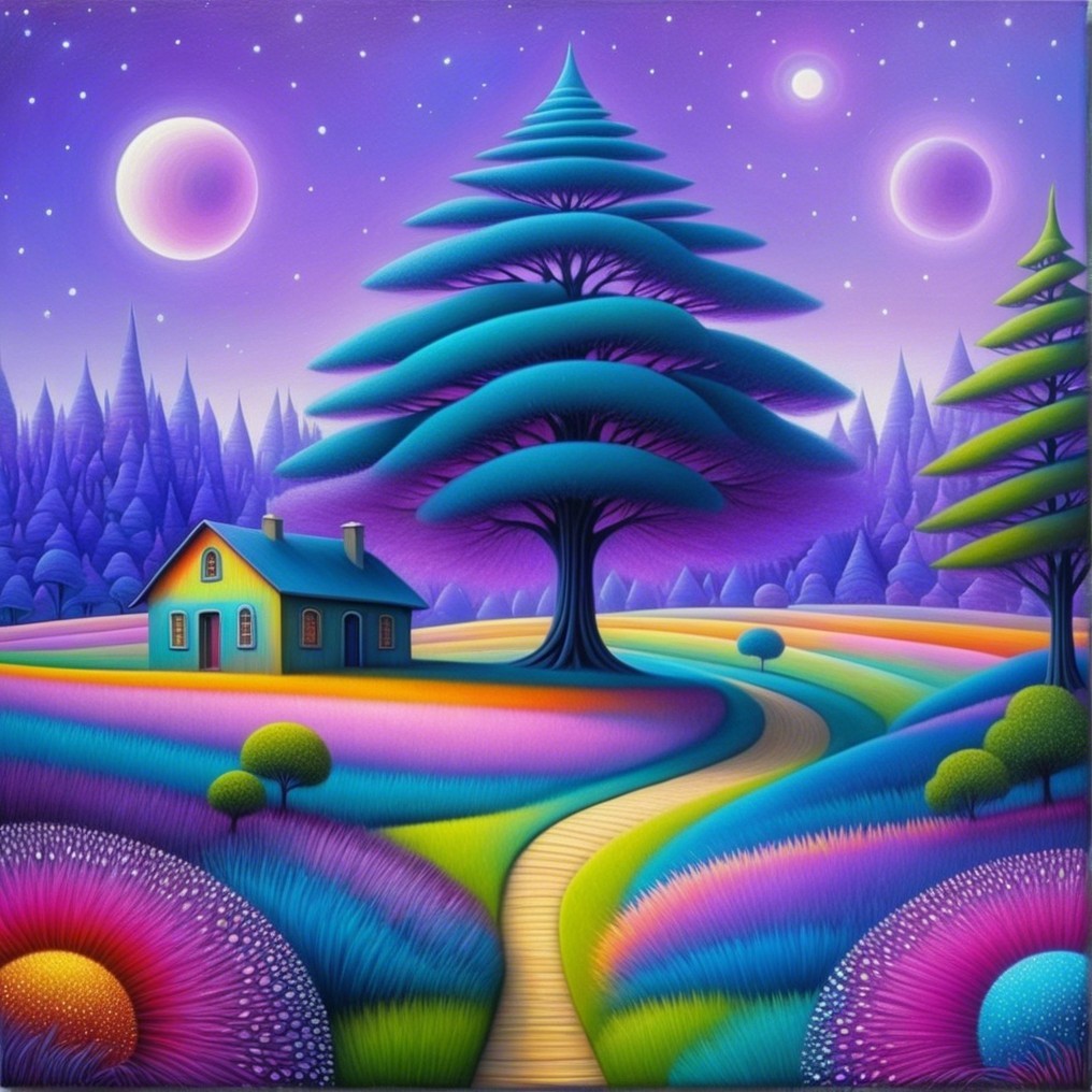 Surreal landscape with whimsical house and colorful fields