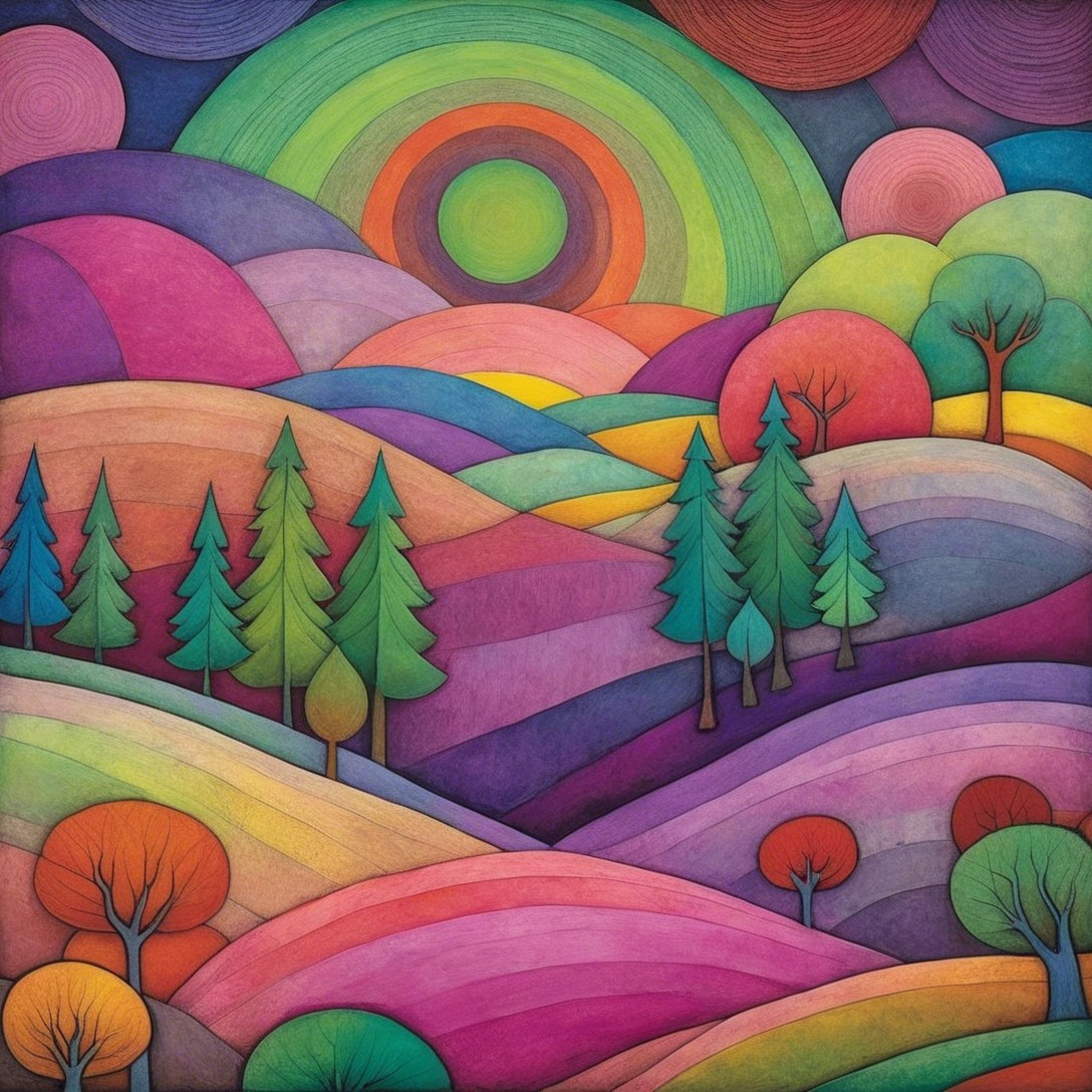 Vibrant Landscape with Colorful Hills and Trees