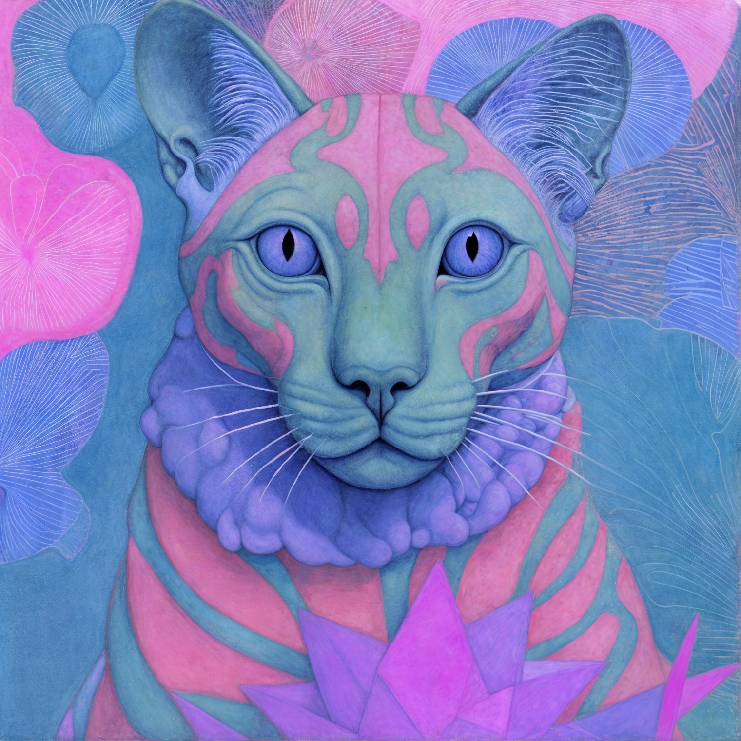 Stylized Cat Artwork with Blue and Pink Colors