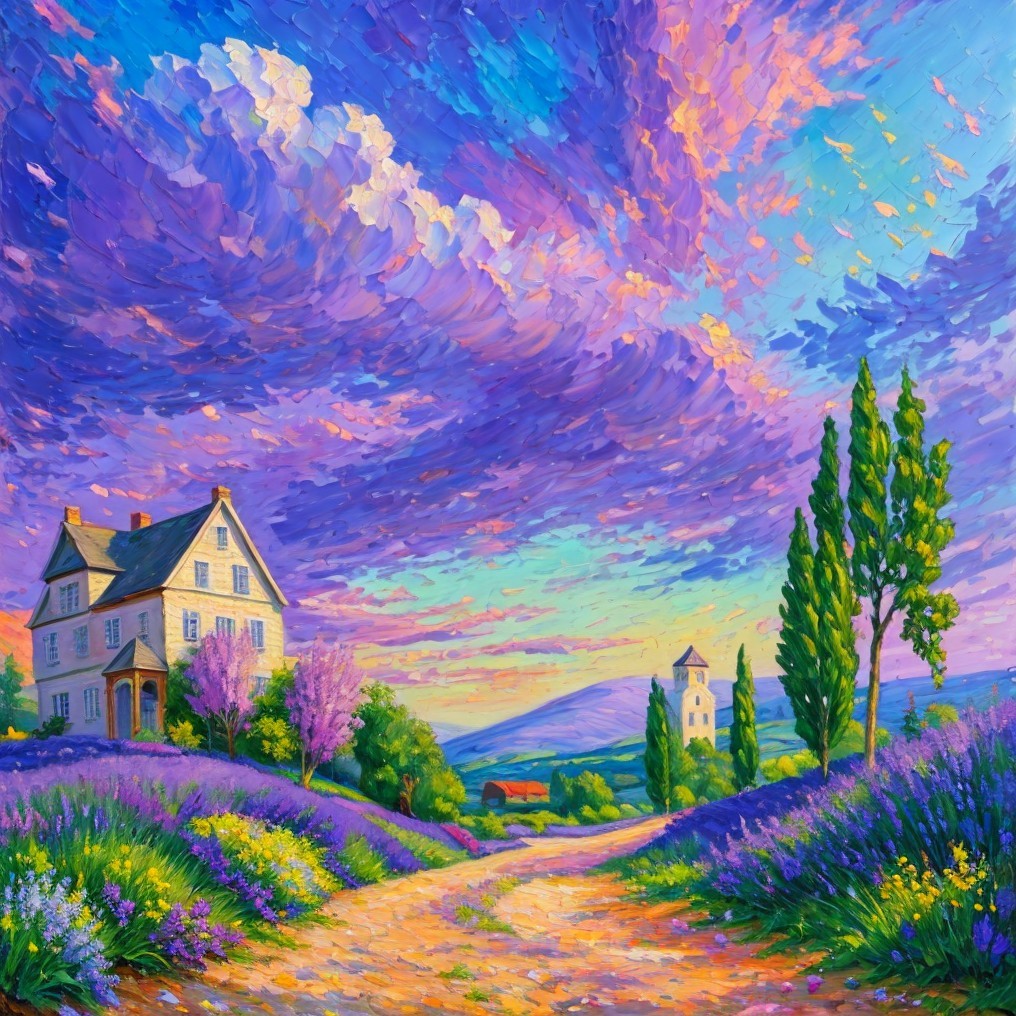 Vibrant Lavender Fields with Winding Path and Sky
