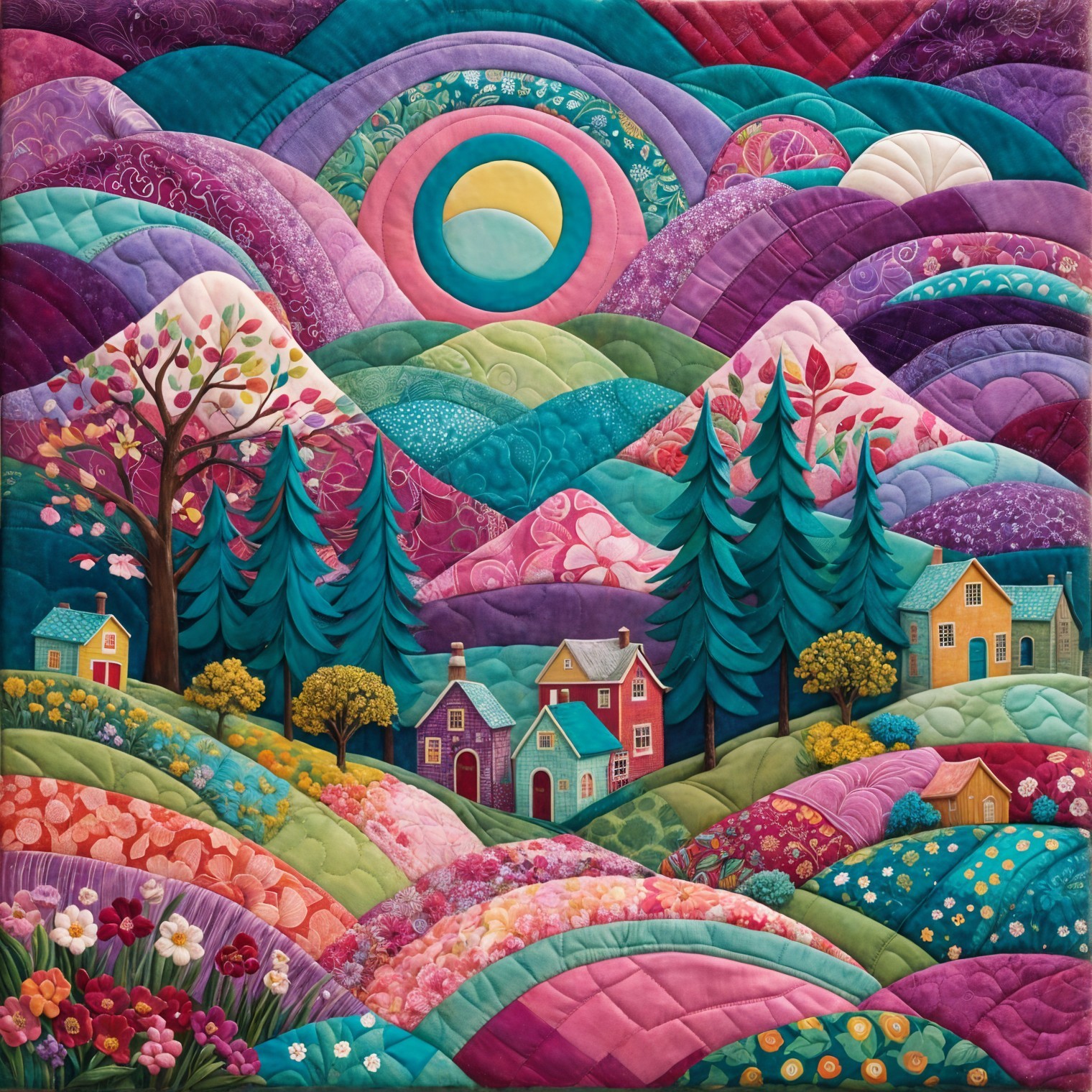 Vibrant Quilt Artwork of Hills, Flowers, and Mountains
