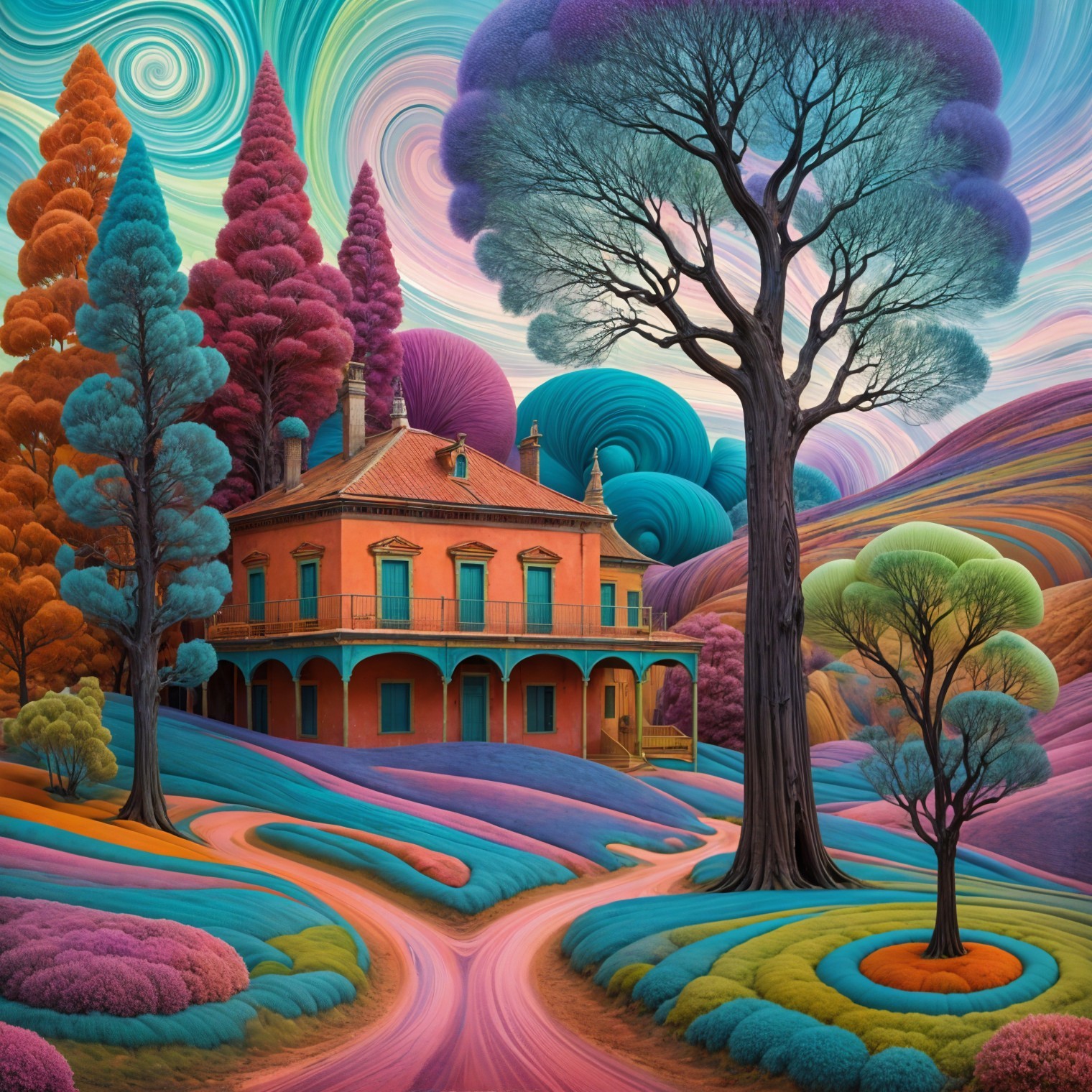 Surreal Landscape with Orange House and Colorful Foliage