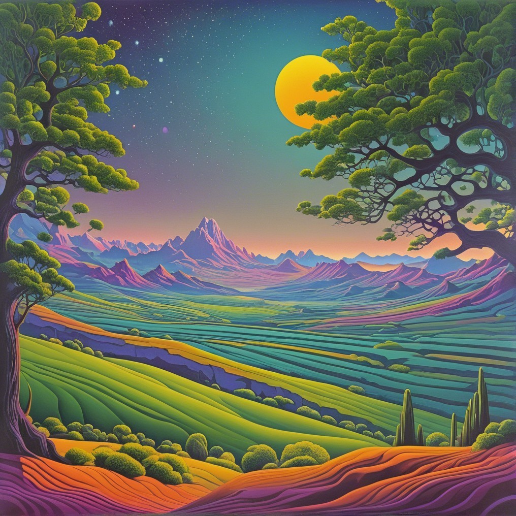 Vibrant Landscape Painting with Surreal Elements
