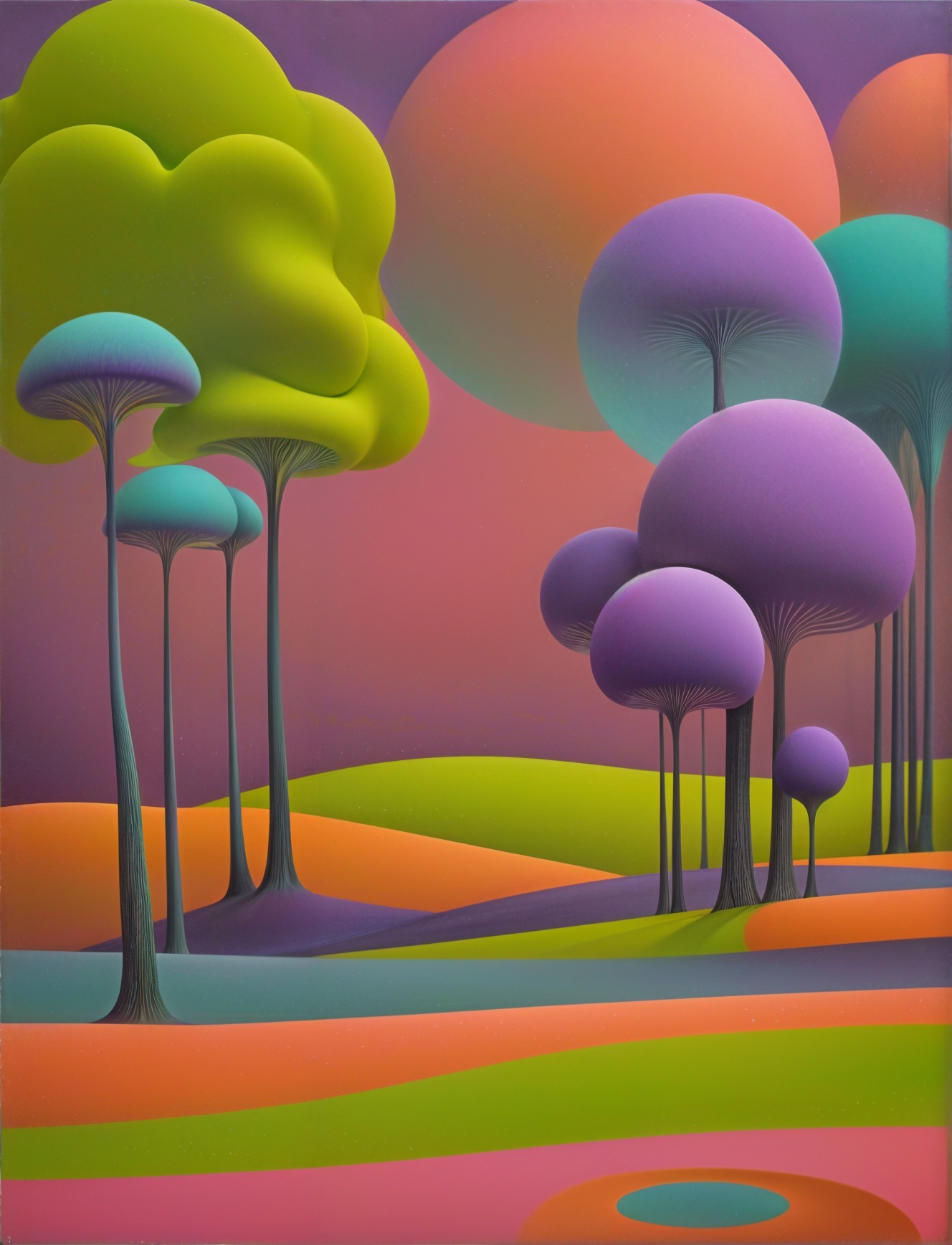 Surreal landscape with whimsical trees and colorful hills