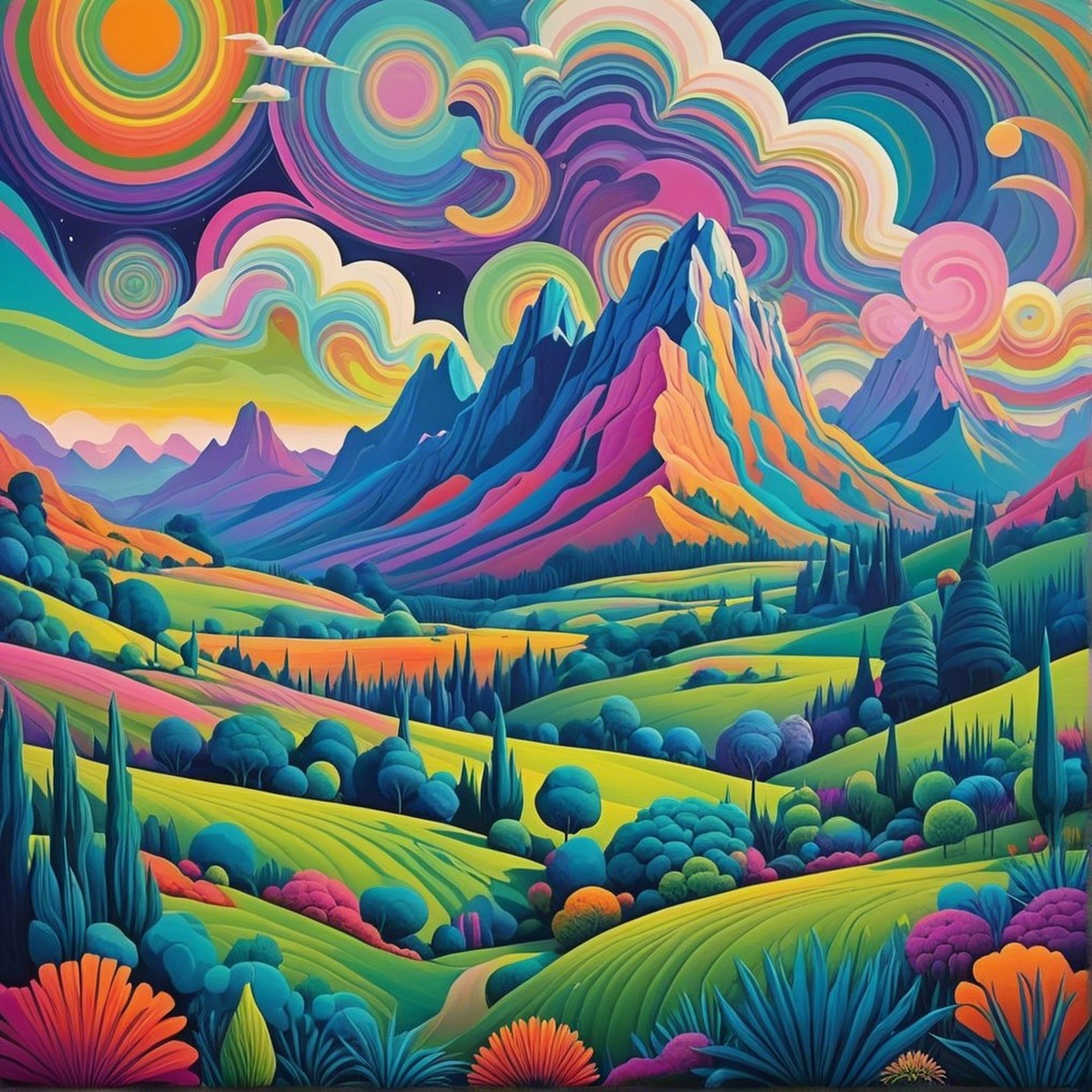 Vibrant Surreal Landscape with Colorful Hills and Sky
