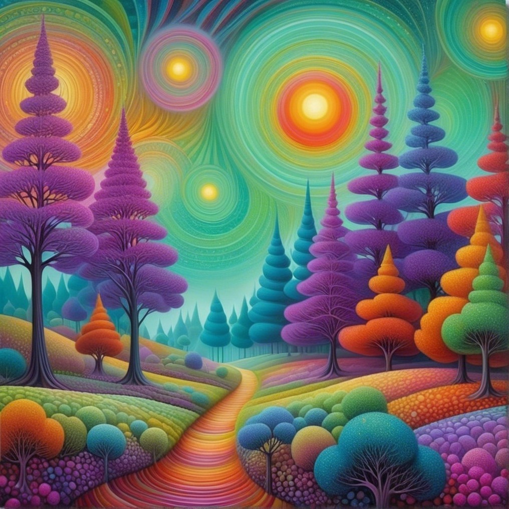 Vibrant Surreal Landscape with Stylized Trees and Cosmic Sky