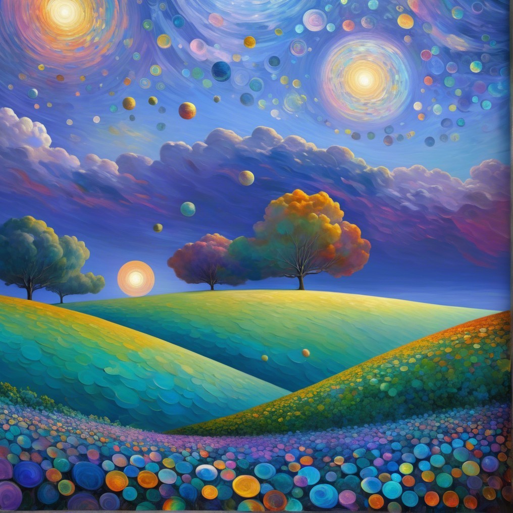 Vibrant Landscape with Colorful Hills and Celestial Sky