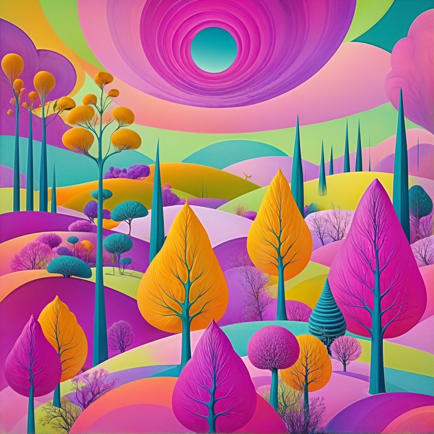 Vibrant Surreal Landscape with Colorful Trees and Sky