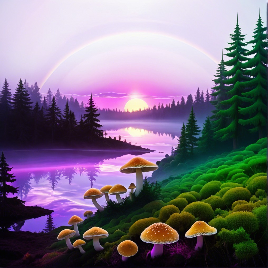Tranquil Lake Landscape with Sunset and Rainbow