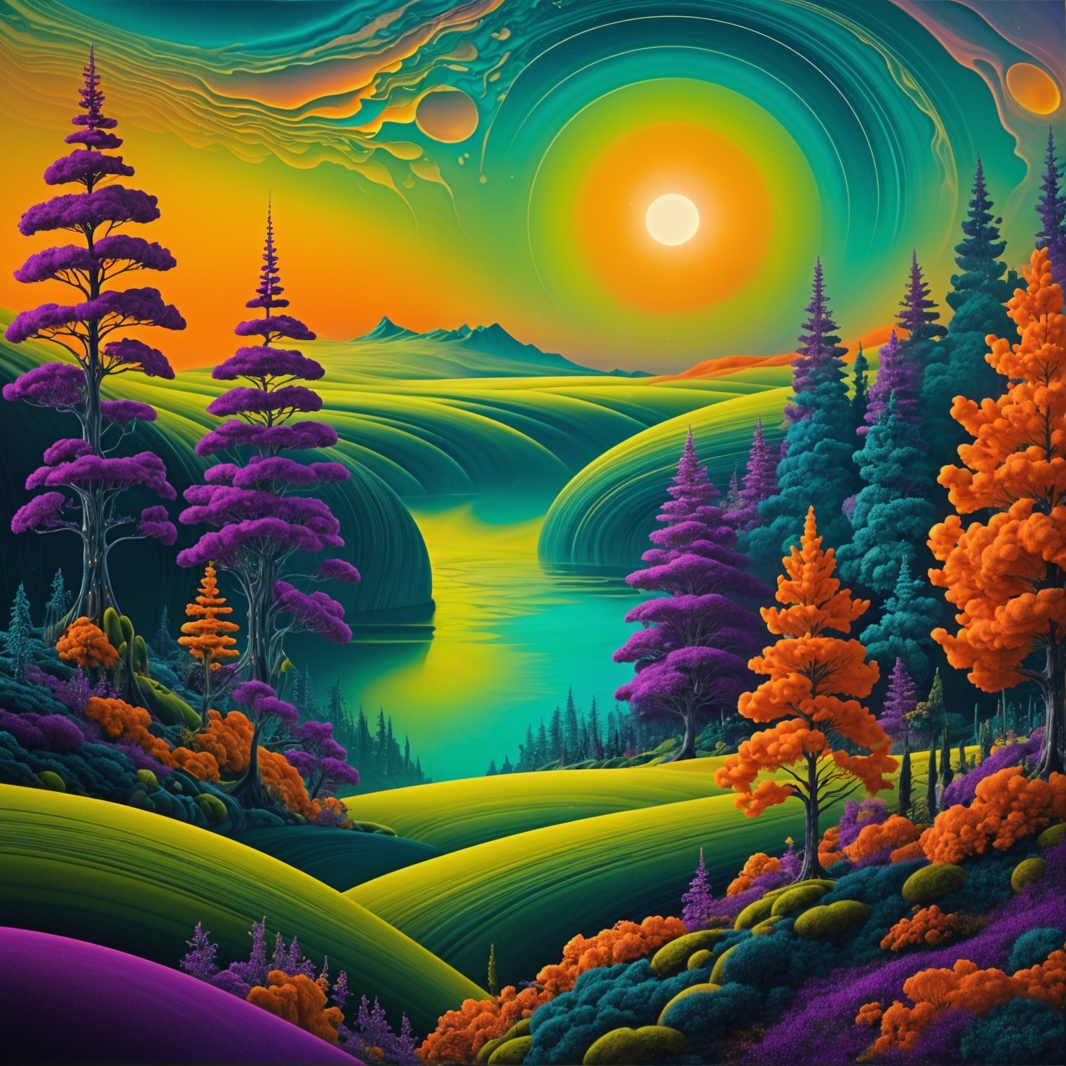 Surreal Landscape with Colorful Hills and Sky