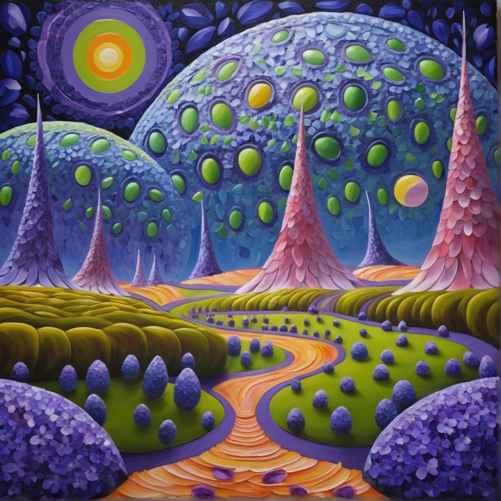 Surreal Landscape with Colorful Spires and Spheres