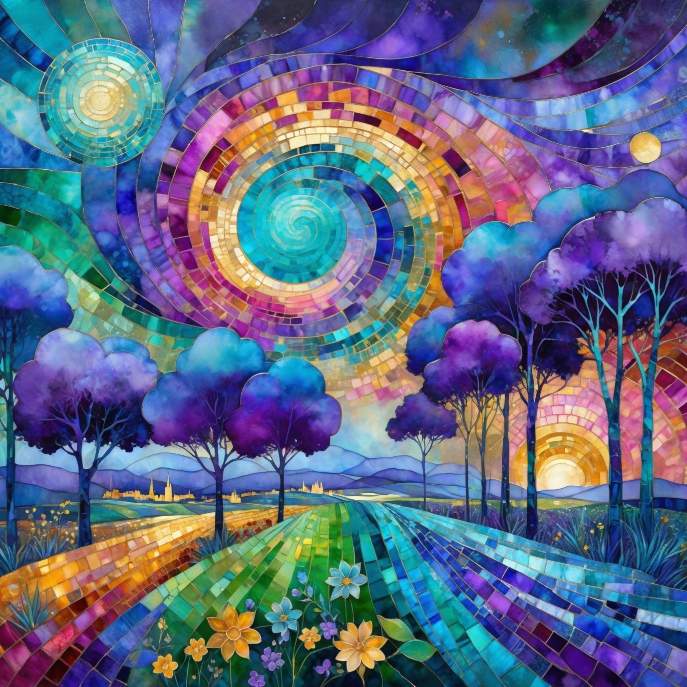 Vibrant Stained Glass Landscape with Mosaic Pathway