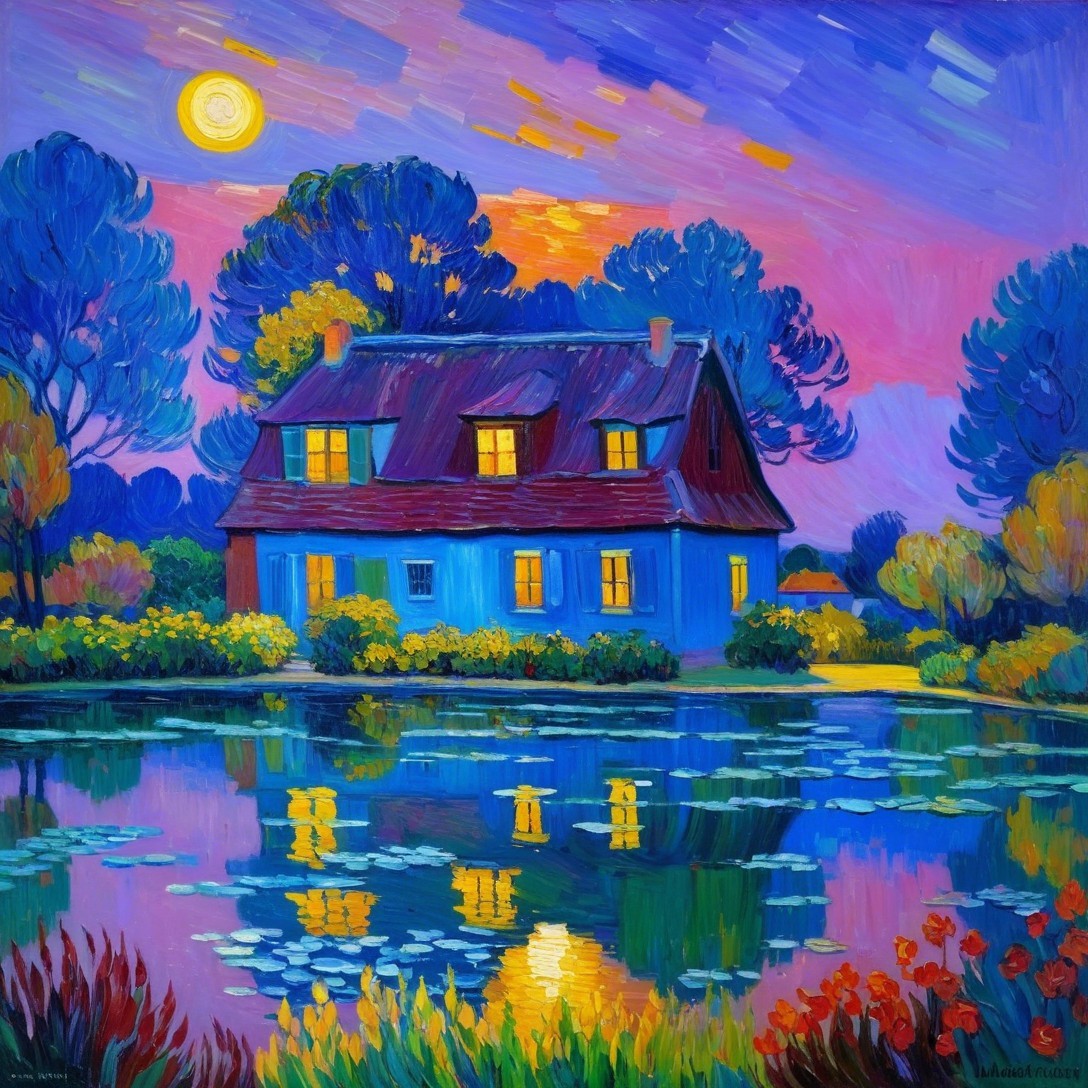 Vibrant Sunset Over Blue House and Tranquil Pond