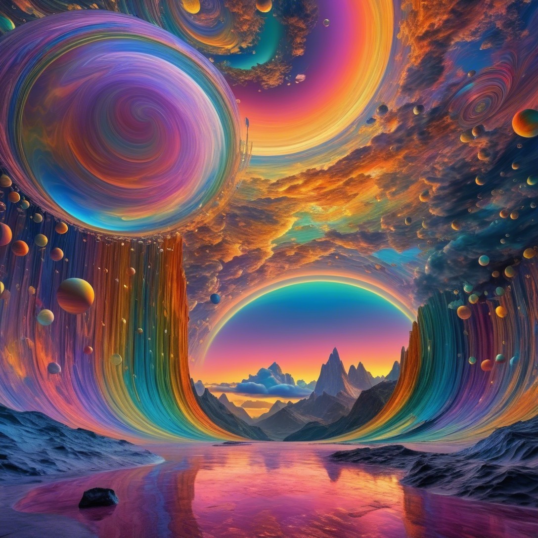 Vibrant Cosmic Landscape with Swirling Planets and Mountains