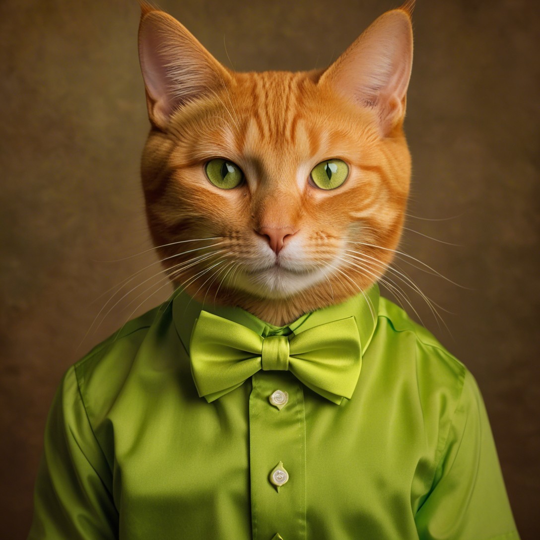Portrait of an orange tabby cat in lime green attire