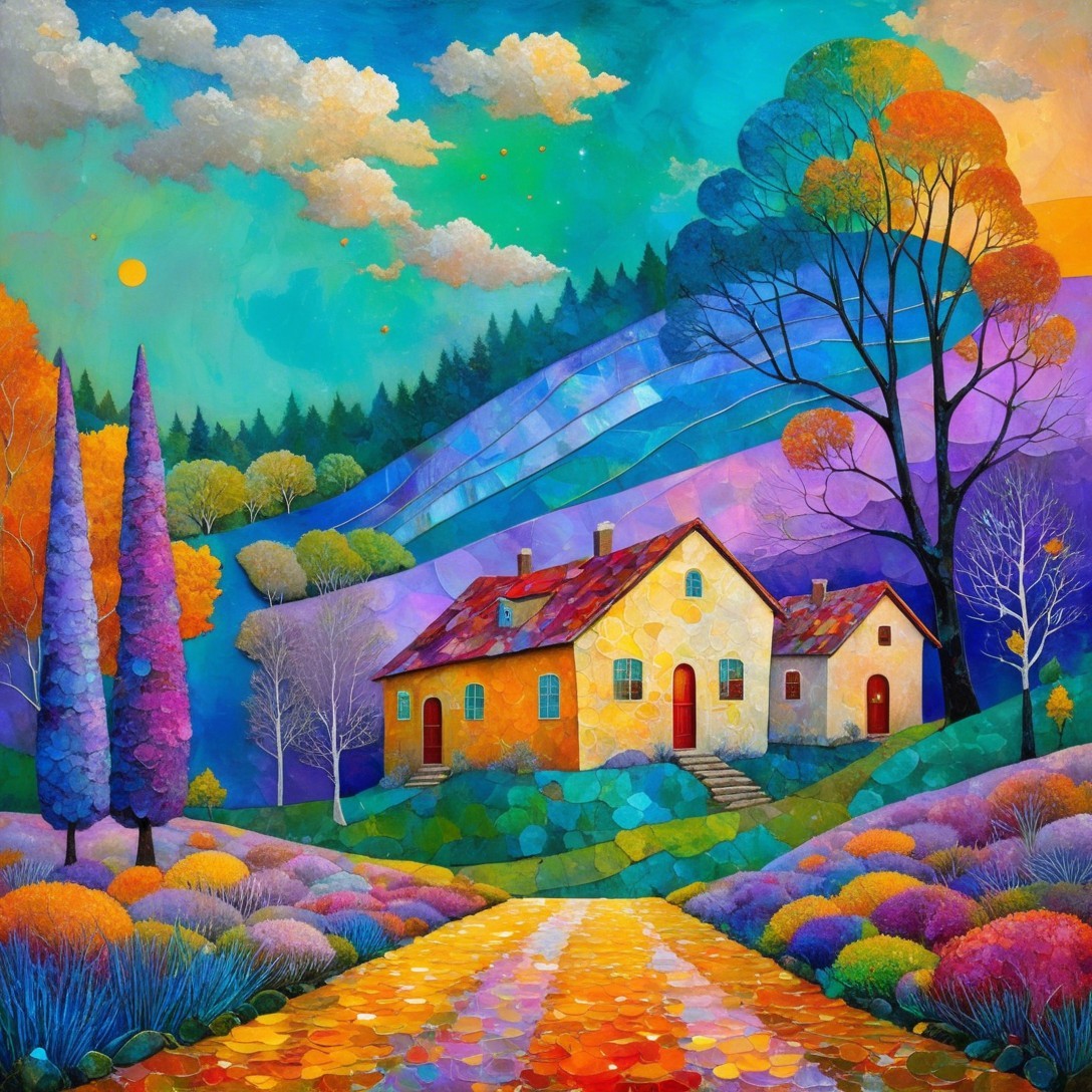 Vibrant Landscape with Colorful Houses and Hills