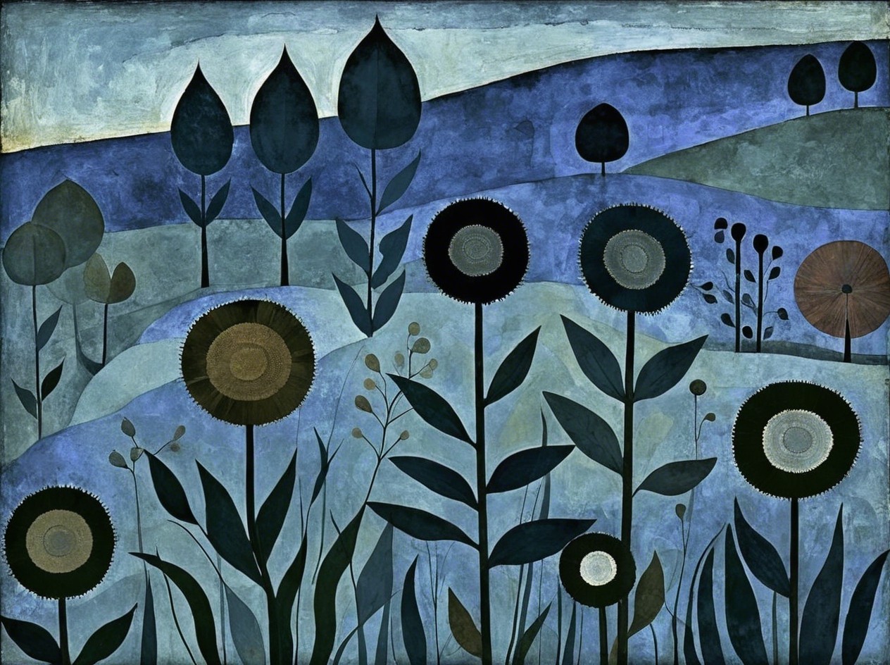 Abstract Landscape with Blue and Black Flora
