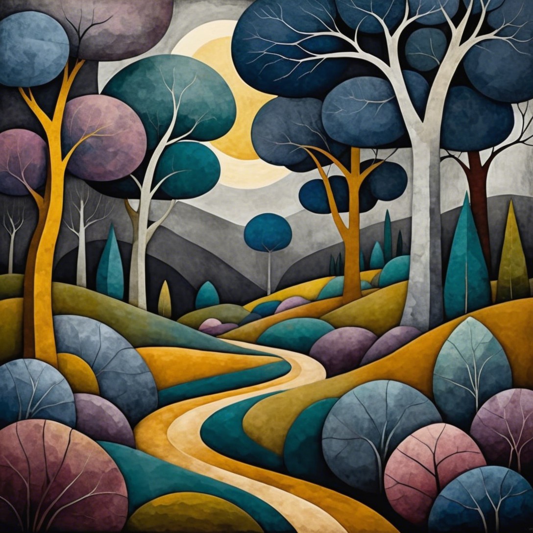 Whimsical Landscape with Colorful Trees and Moonlight