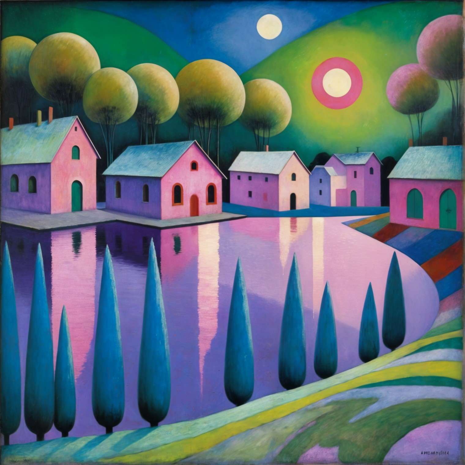 Surreal Landscape with Pastel Houses and Two Moons