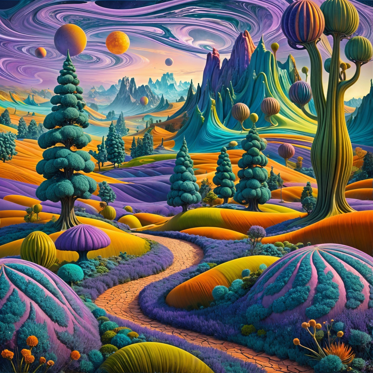 Surreal Landscape with Colorful Hills and Whimsical Trees
