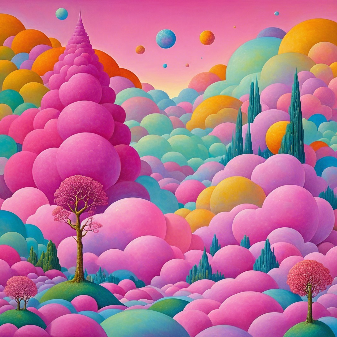Whimsical Landscape with Colorful Clouds and Trees