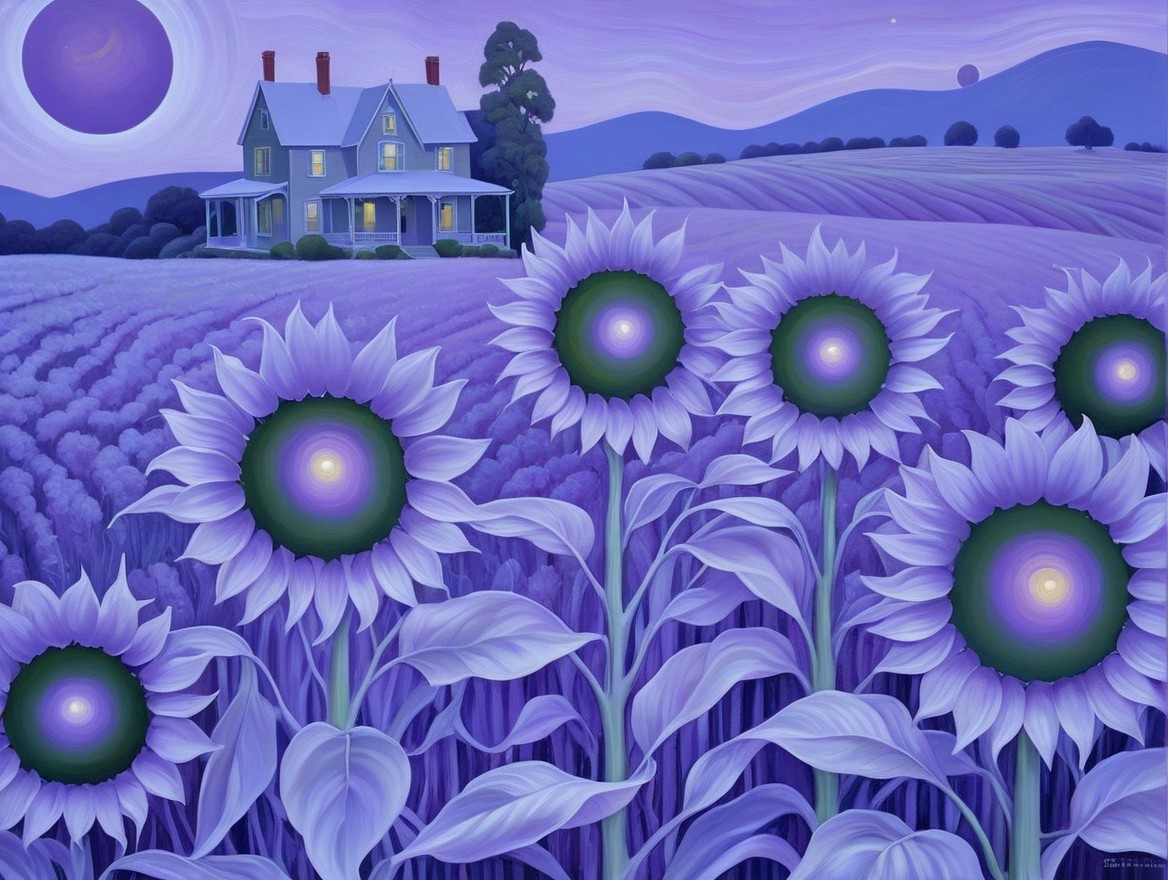 Lavender Field and Sunflowers Under a Purple Sky