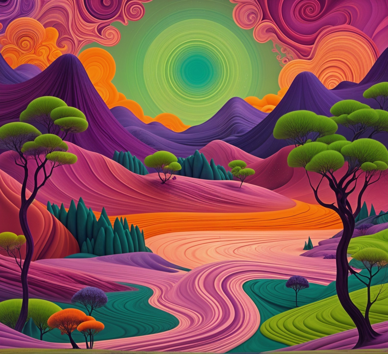 Surreal Landscape with Colorful Mountains and River