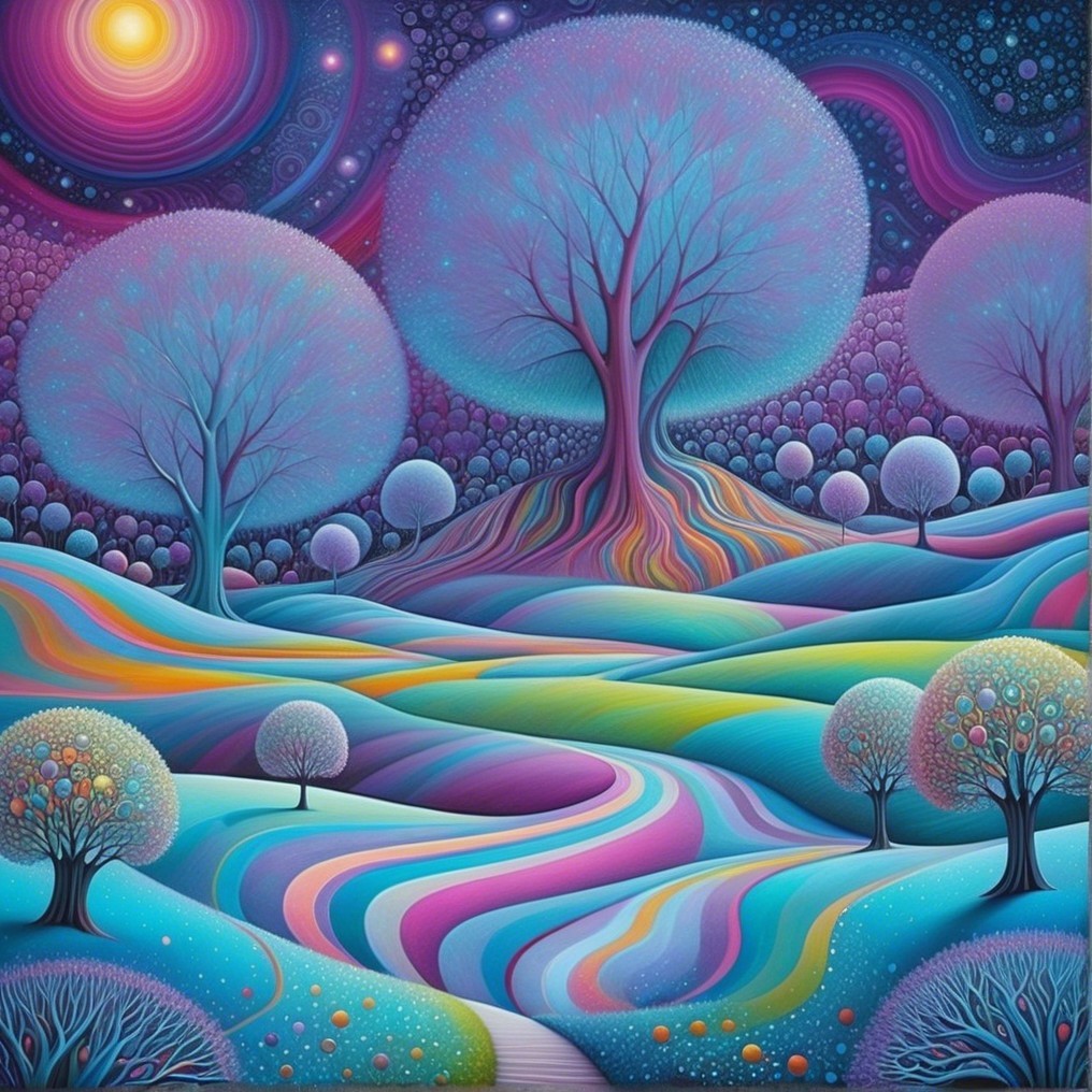 Surreal Landscape with Whimsical Trees and Cosmic Sky