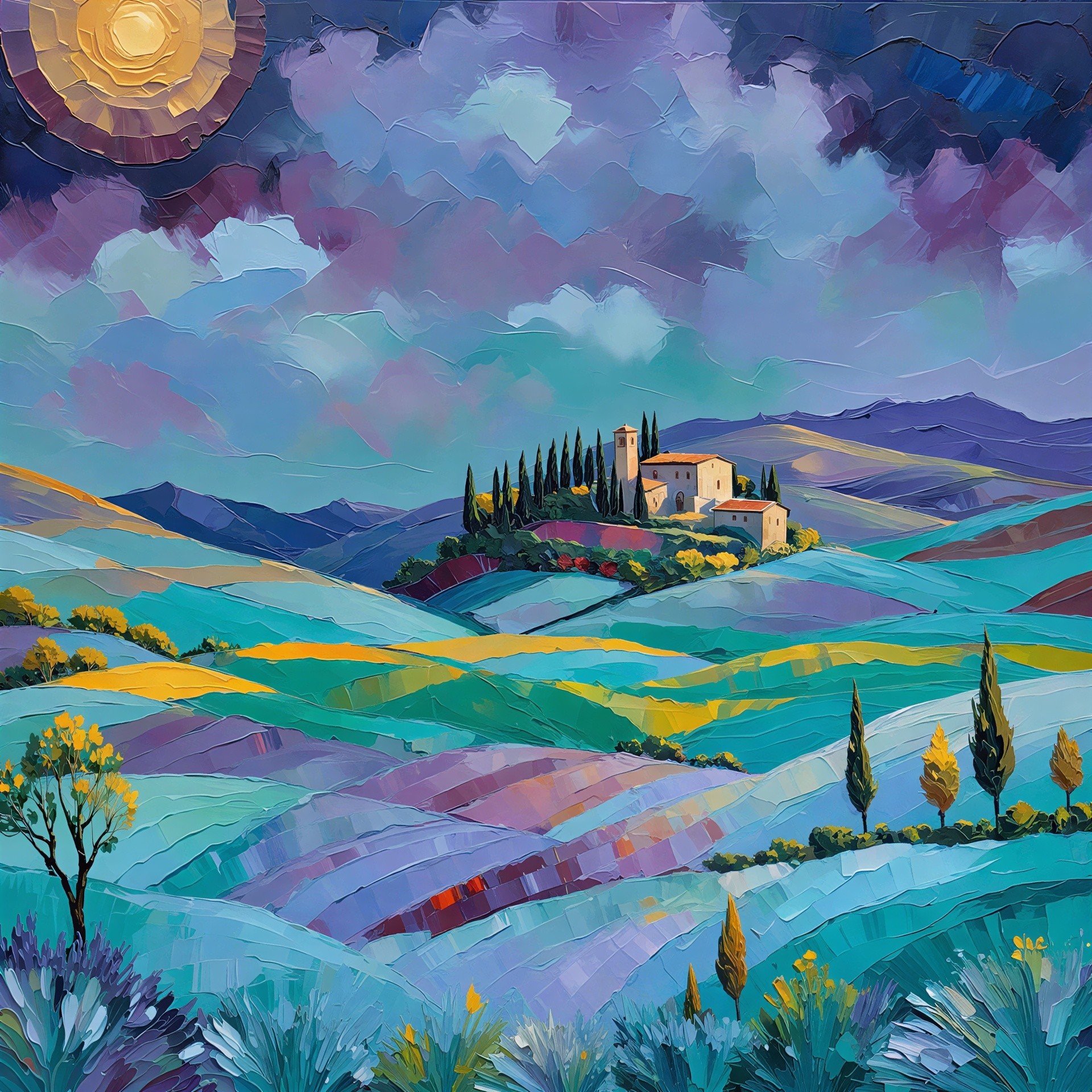 Impasto Painting of a Tuscan Landscape with Estate