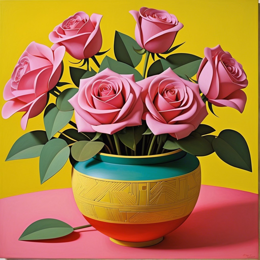 Vibrant Still Life of Pink Roses in Colorful Vase