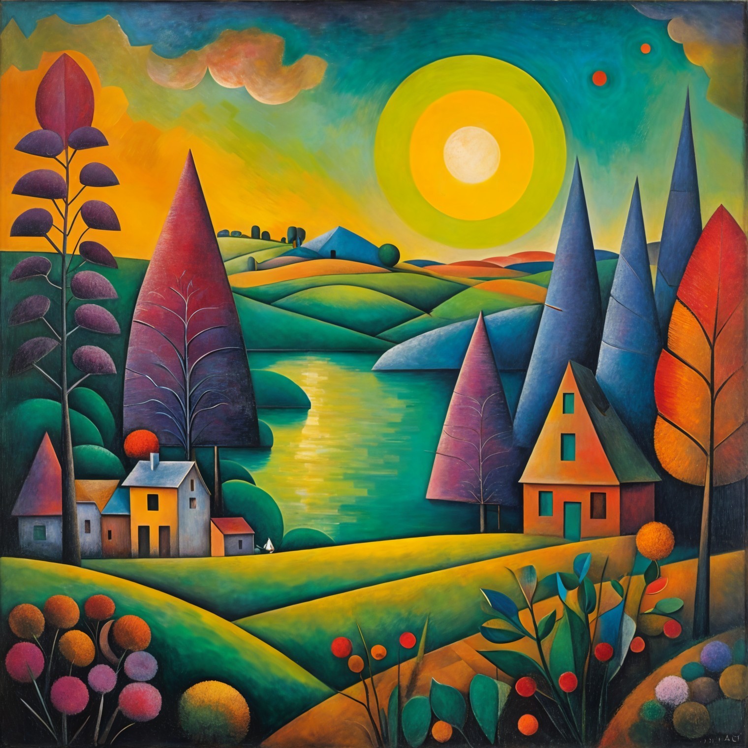 Vibrant Landscape with Lake and Rolling Hills