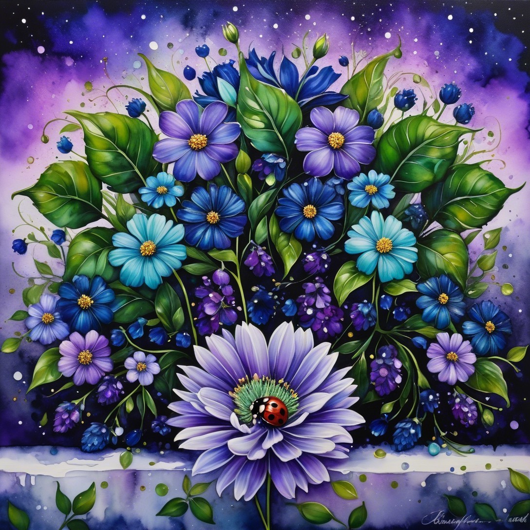 Vibrant Blue and Purple Flower Bouquet with Ladybug