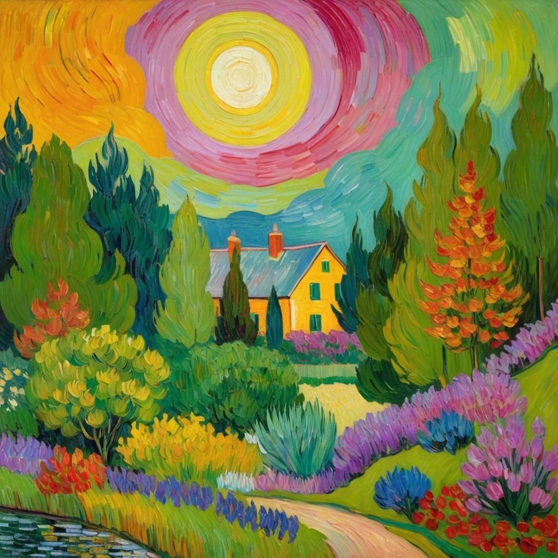 Vibrant Landscape with Yellow Cottage and Sunset Sky