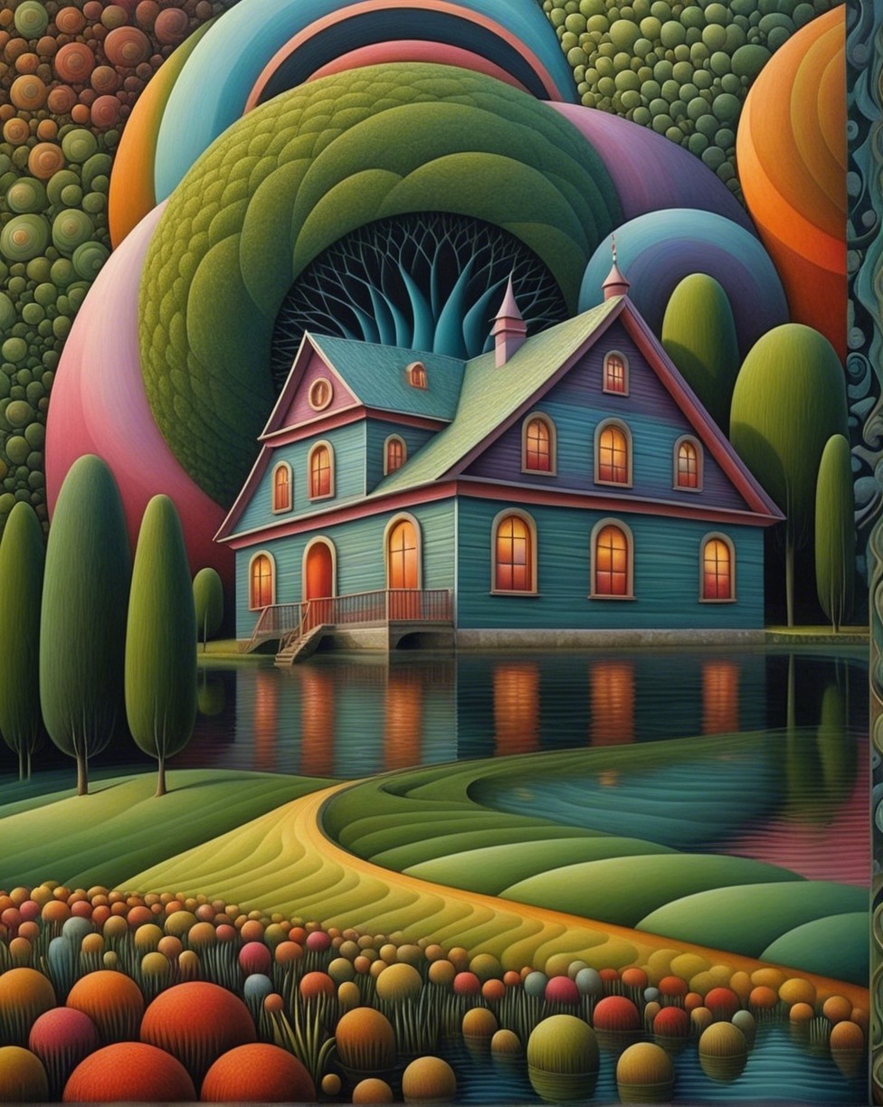Whimsical House by Serene Lake with Colorful Landscape