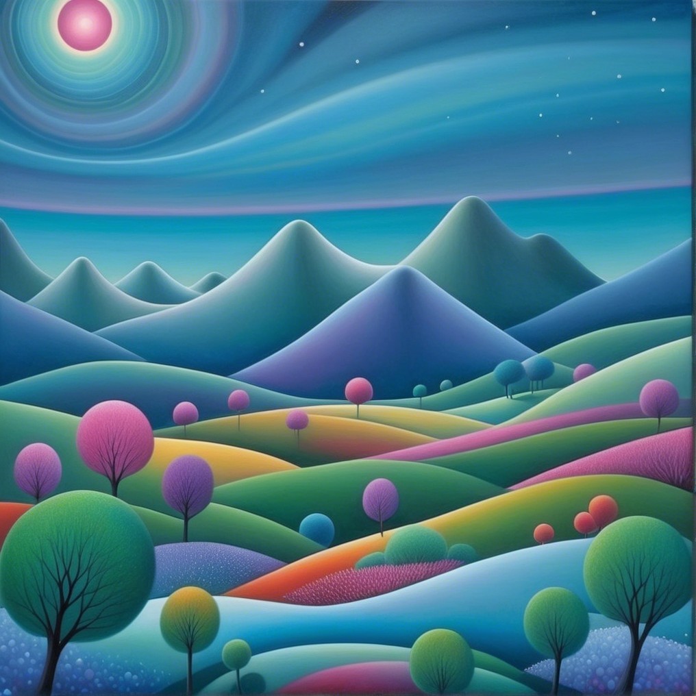 Vibrant Landscape with Whimsical Trees and Moonlight