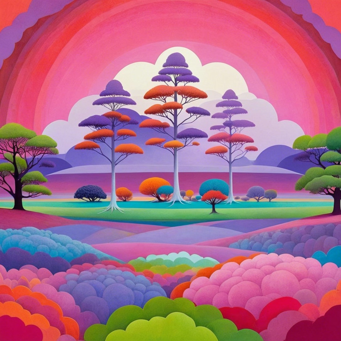 Vibrant Landscape with Stylized Trees and Colorful Clouds