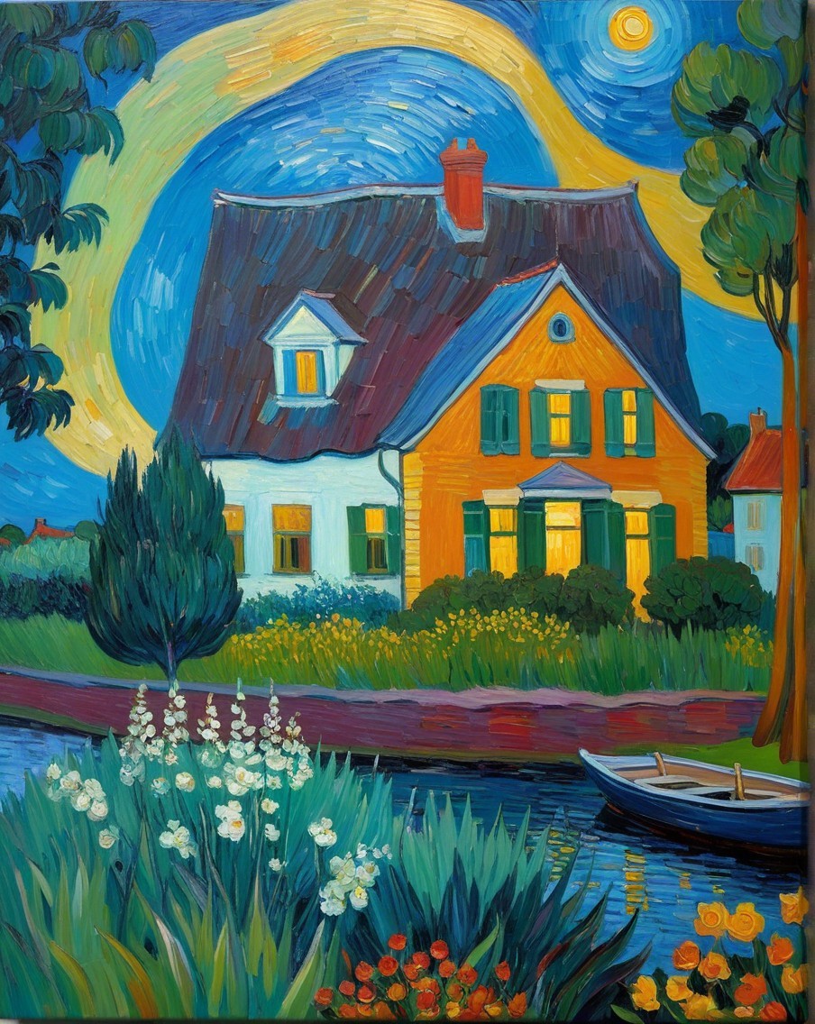 Impressionistic House by Serene Waterway at Night