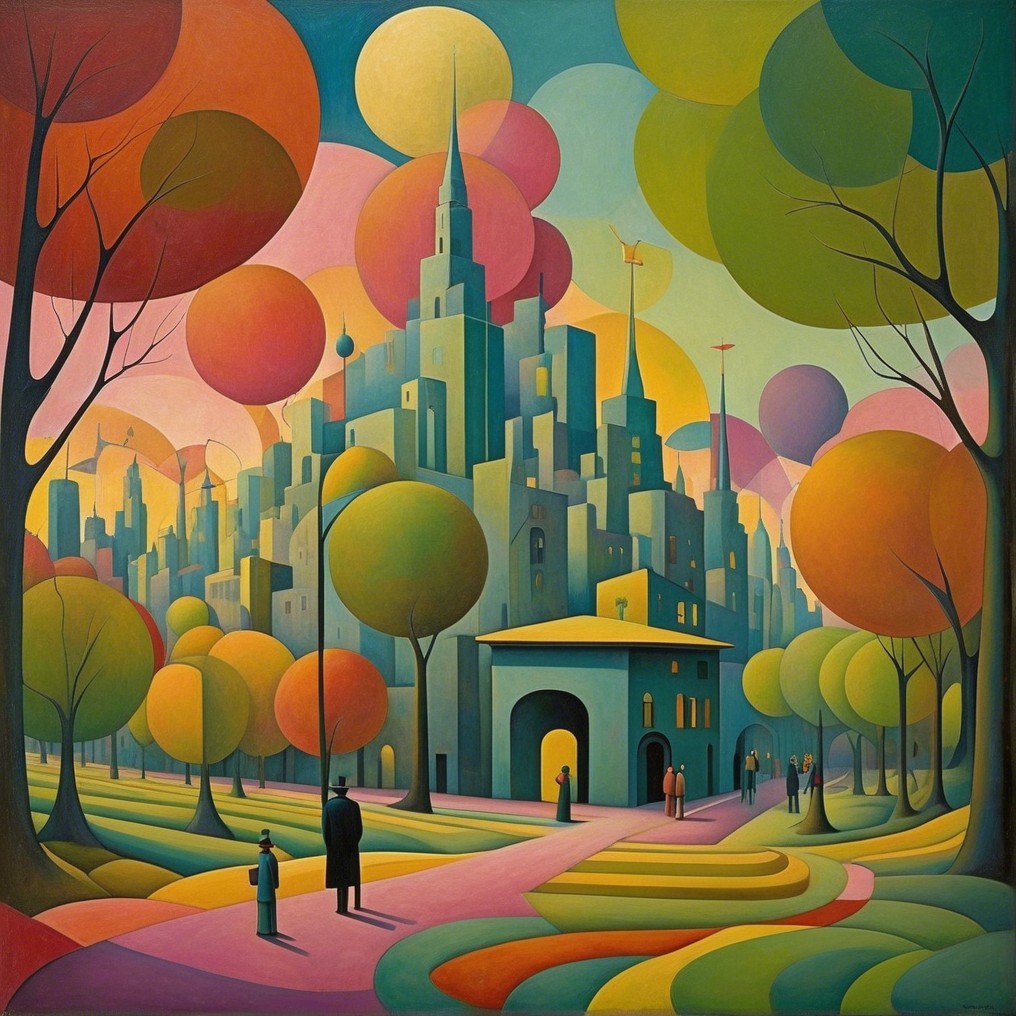 Whimsical Cityscape with Colorful Structures and Trees