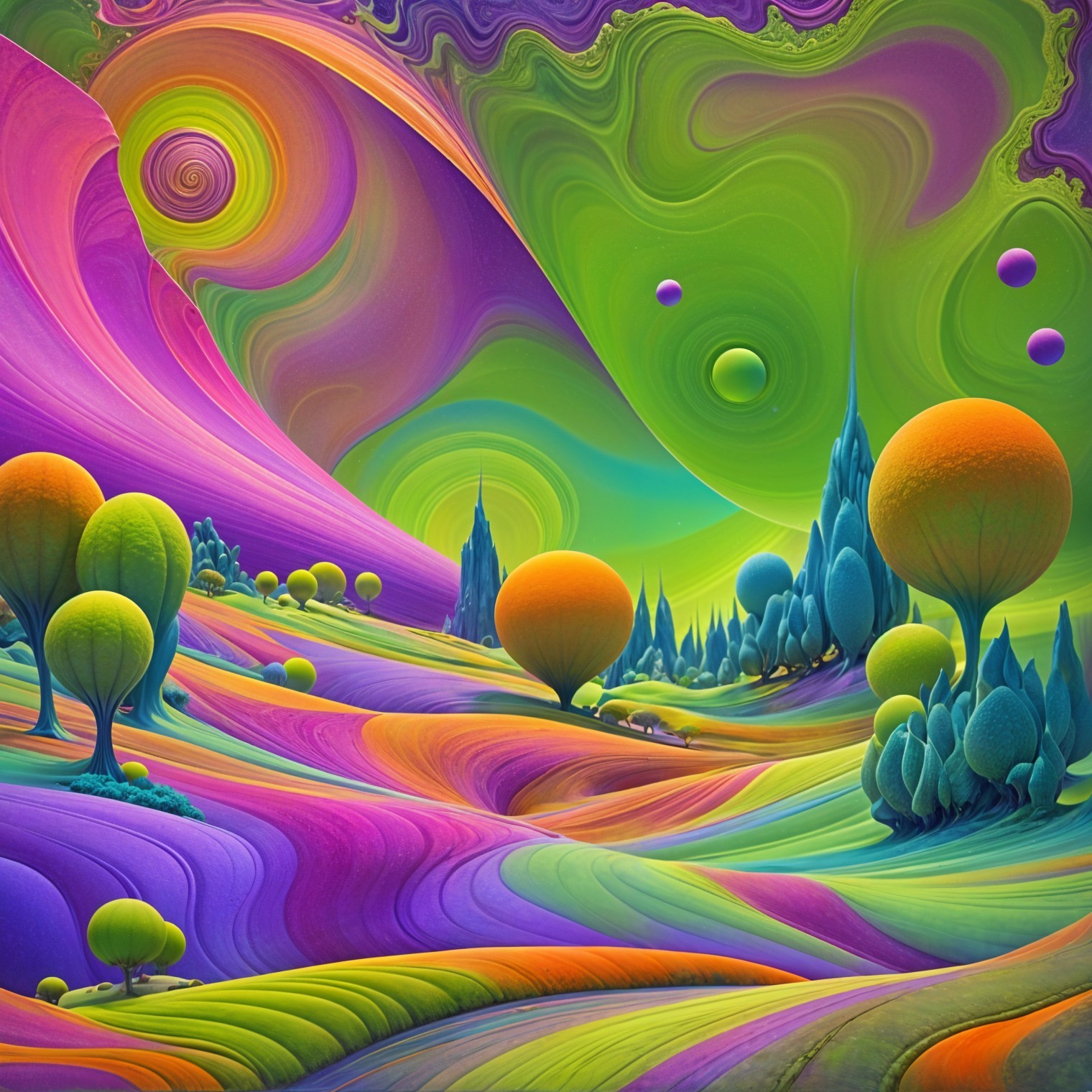 Vibrant Surreal Landscape with Whimsical Elements