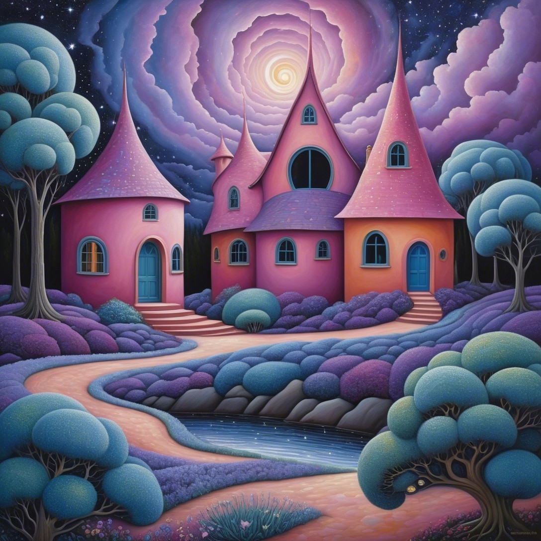Whimsical Fairy-Tale Landscape with Pink Castle