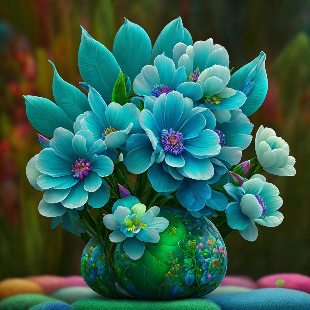 Teal and Turquoise Flower Bouquet in Decorative Vase