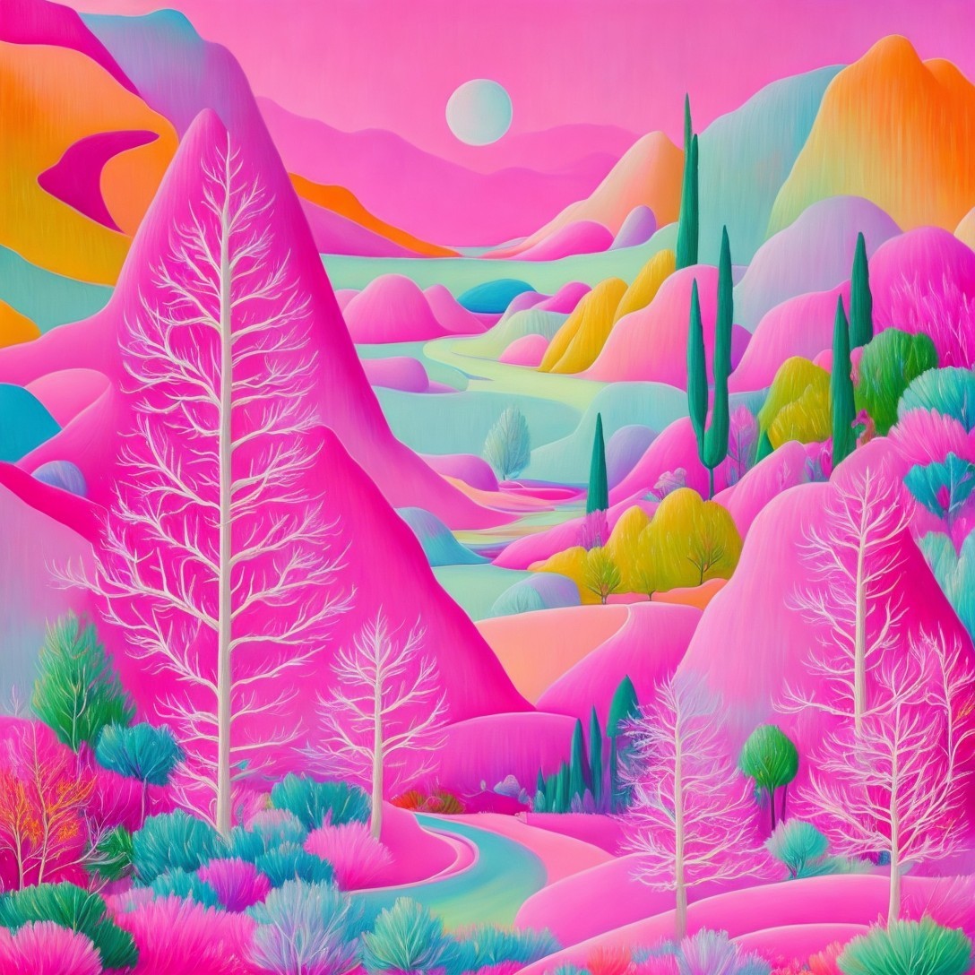 Vibrant Landscape with Pink Mountains and River