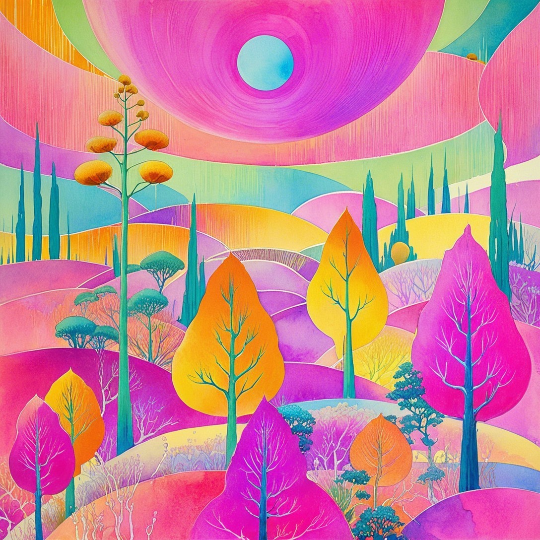 Vibrant Abstract Landscape with Colorful Trees and Sky