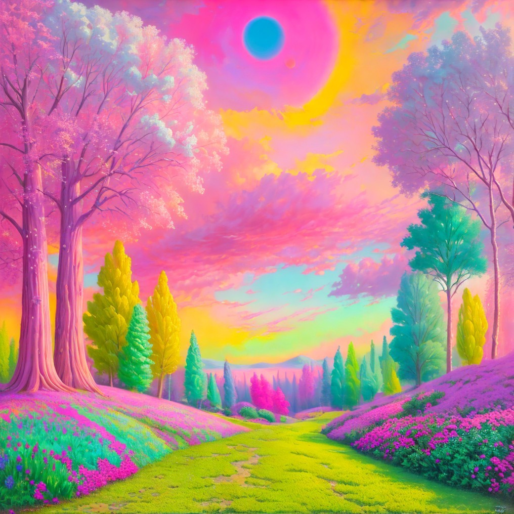 Vibrant Landscape with Blooming Trees and Colorful Sky