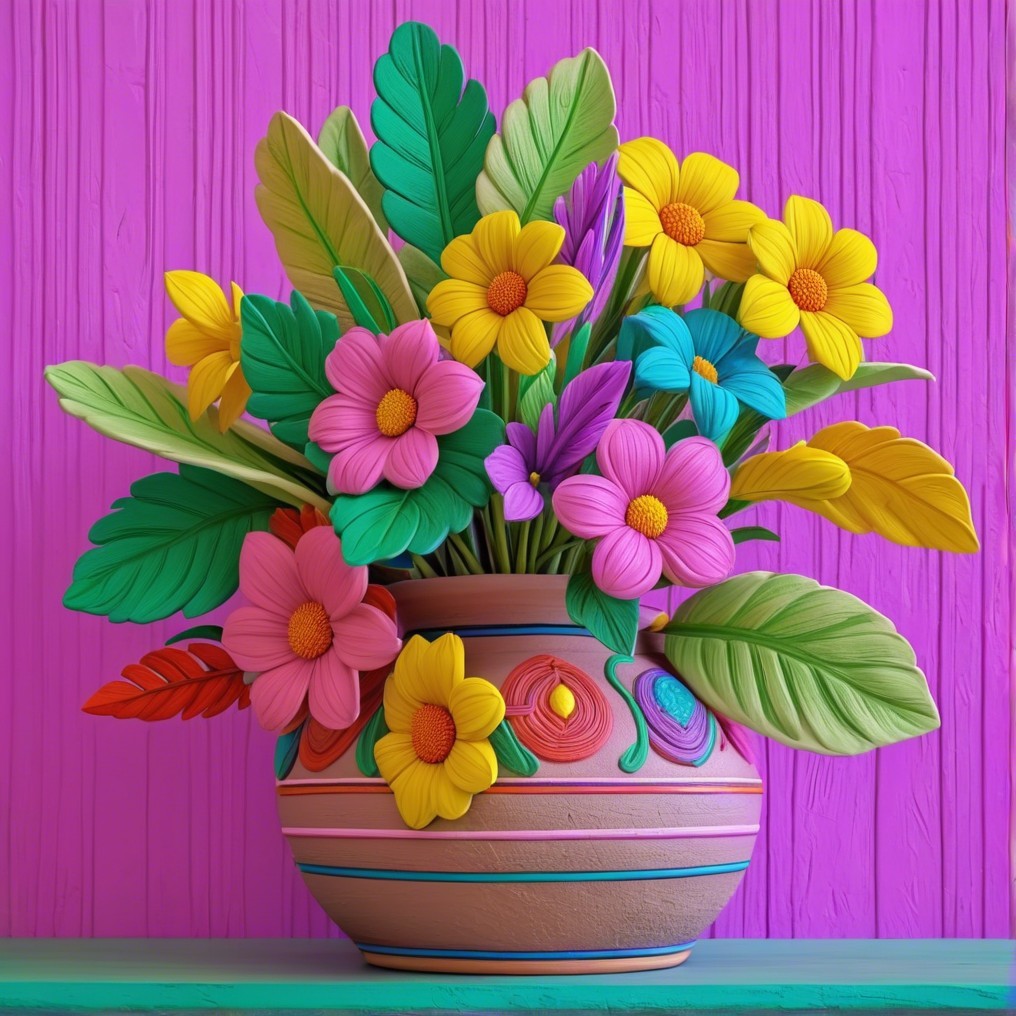 Ceramic vase with colorful flowers and green leaves